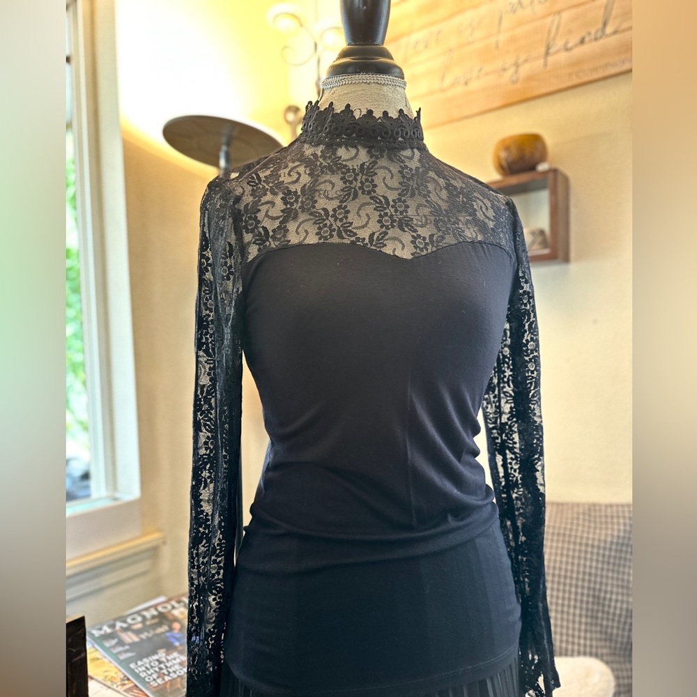 INC International Concepts Black Lace High Neck Blouse